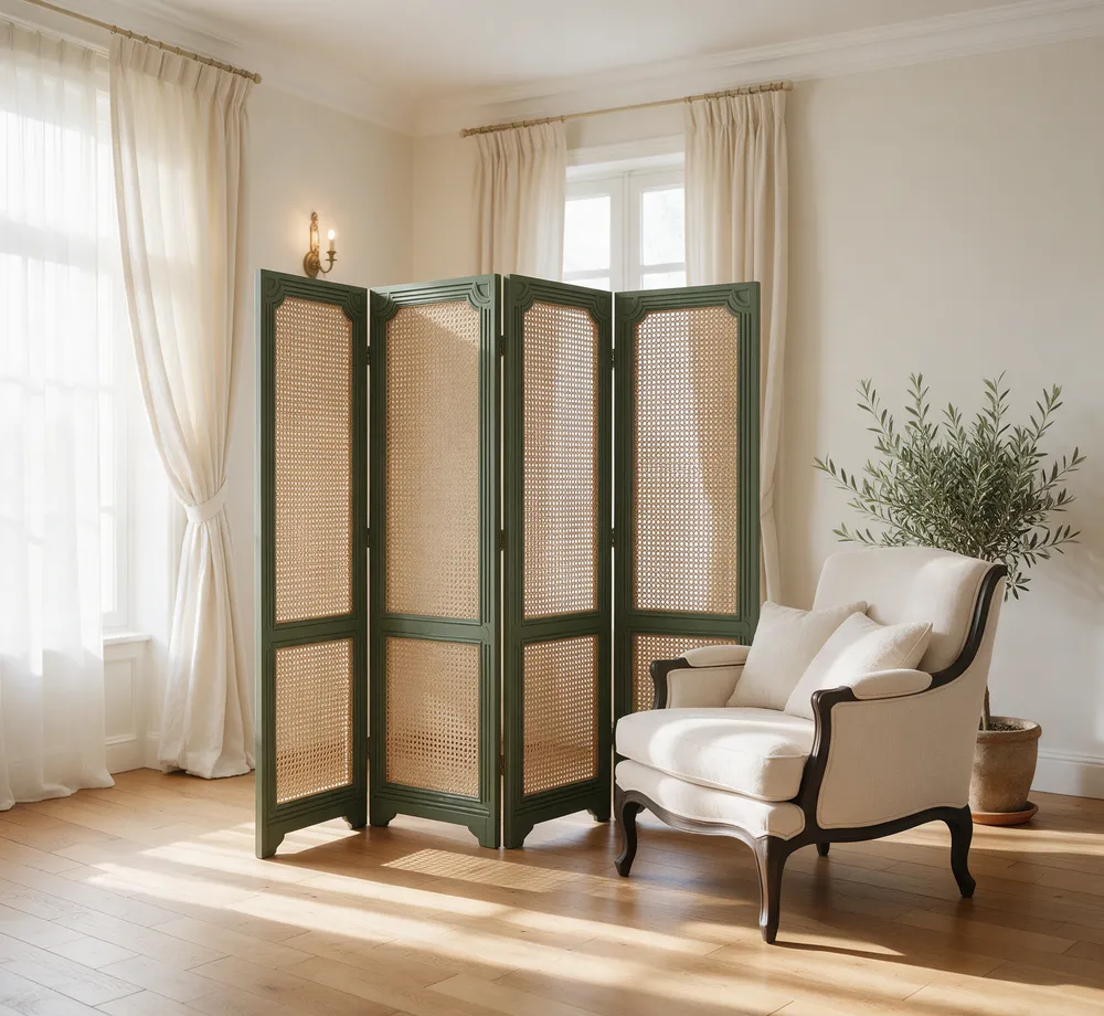 Paravent en bois et cannage dans un salon lumineux