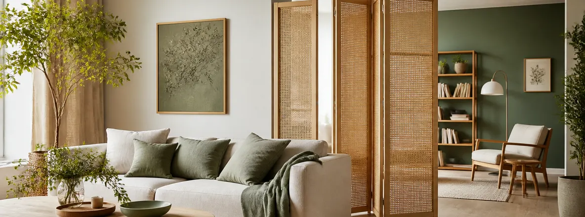 Salon avec paravent en bois et cannage